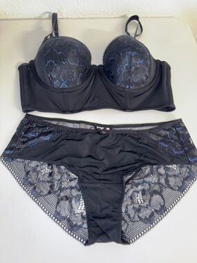 NWOT Adore Me Black Bra & Panty Set with Blue Lace Accents